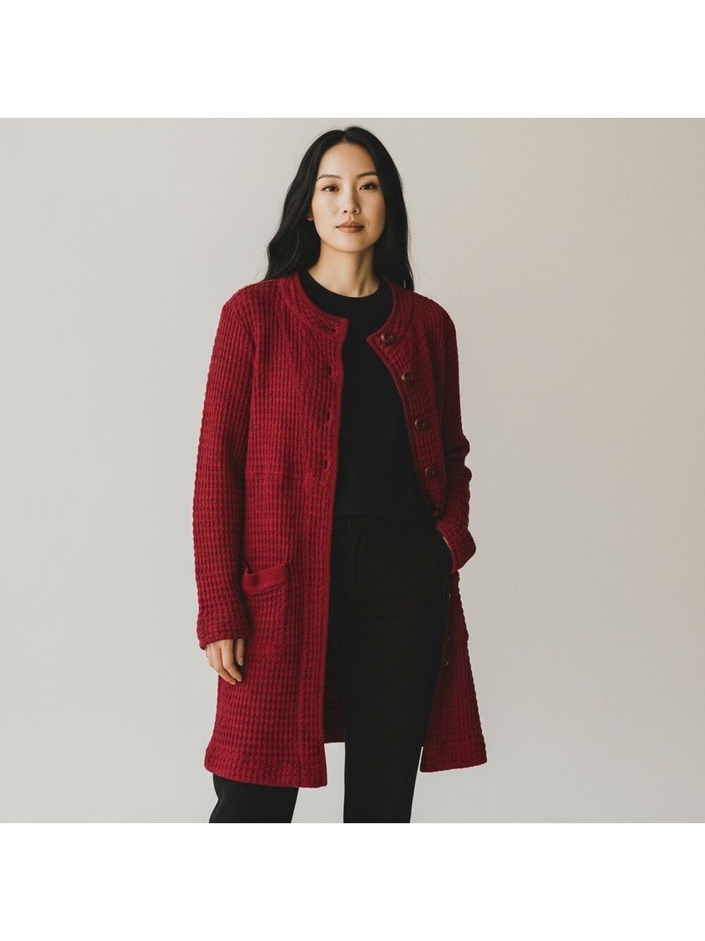 ModODoc Red Waffle Knit Cardigan Sweater Longline Button Front Size Large